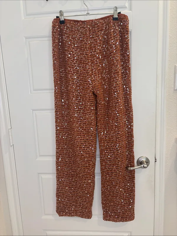 Sequin Crochet Wide Leg Pants Boho Festival Resort Rust Size M - Image 3