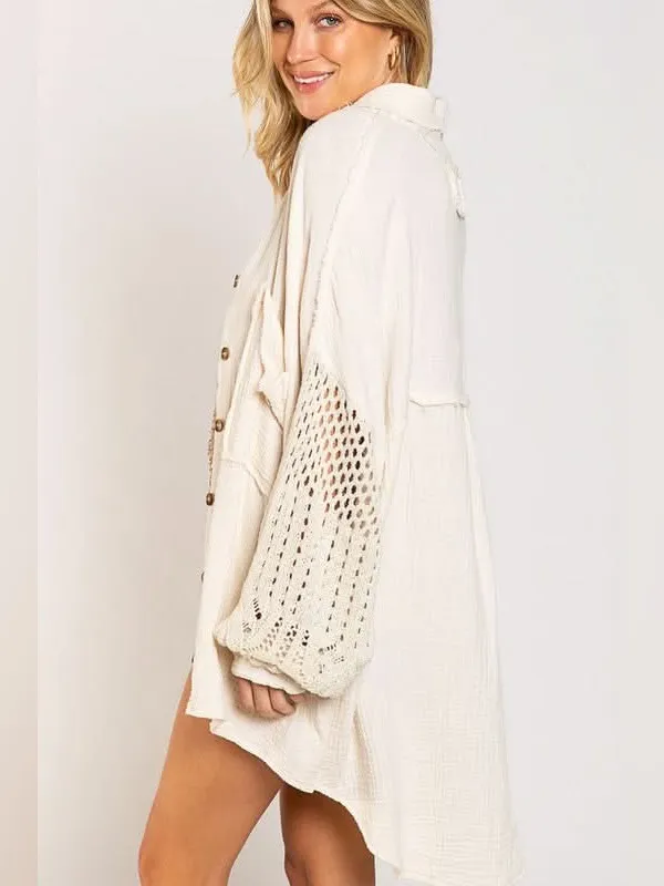 POL Openwork Crochet Lantern Sleeve Cotton Gauze Oversized Button Shirt Jacket - Image 2