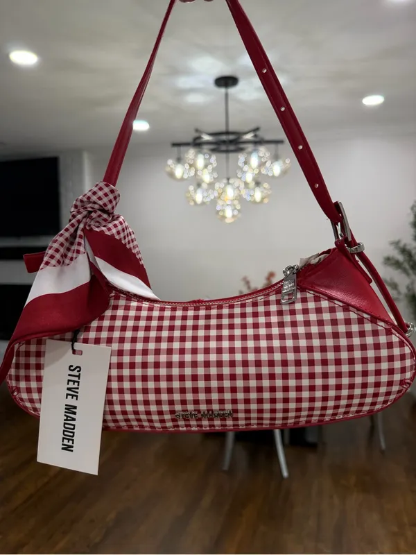 Steve Madden Red and White Gingham Shoulder Bag with Scarf Accent - Image 9