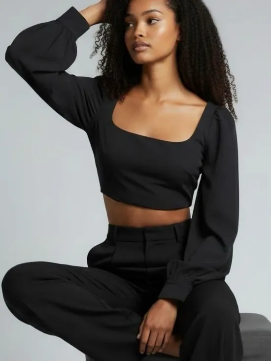 Naked Wardrobe Black Puff Sleeve Square Neck Crop Top NWT Statement Blouse Sz XS - Image 5