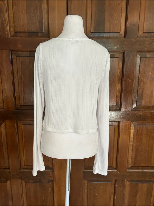 Ardene Pointelle Knit Long Sleeve Top Size XL White Ribbed Cinch Front Bow Y2K - Image 3