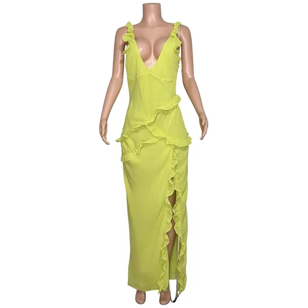 HOUSE OF CB Pixie Ruffle Maxi Dress, Lime, L (Plus Cup) - Image 8
