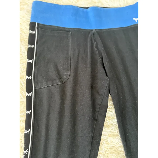 PINK Victoria's Secret Athleisure Leggings Black Side Logo Blue Waistband‎ - Image 3