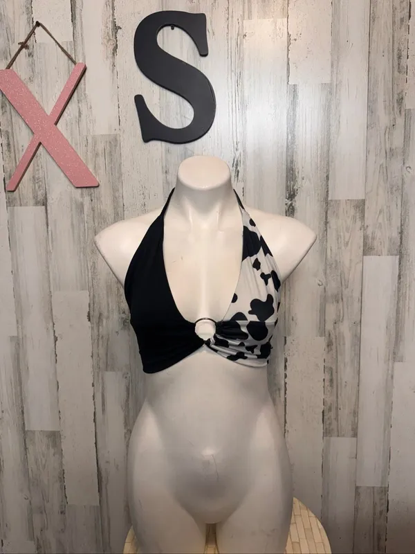 SHEIN Cow Print Split Halter Crop Top Womens XS Black White O-Ring Swim Top - Image 2