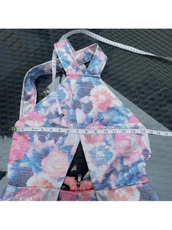 NASTY Gal floral shiny jacquard cut out halter romper shorts Sz S - Image 7