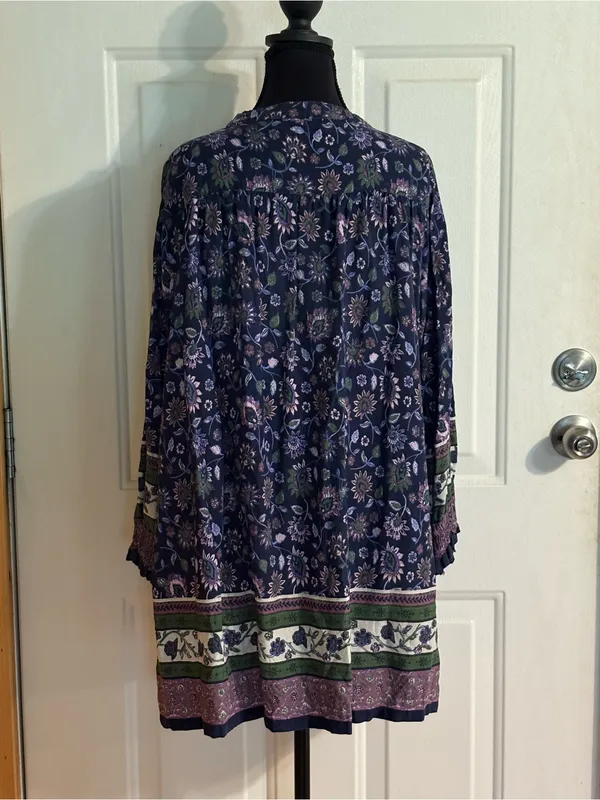 NATURAL LIFE Navy Floral Boho Tie-Neck Long Sleeve Tunic Dress size Small - Image 4