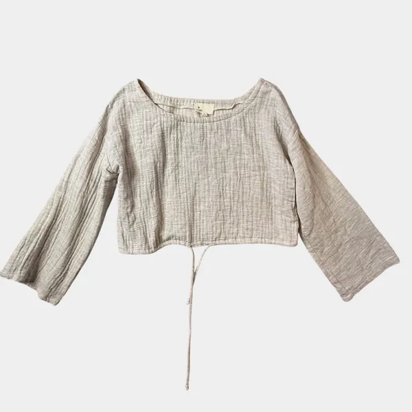 A. Ren Cotton Crinkle Gauze Crop Top Womens S Long Sleeve Drawstring Boho Beige - Image 6