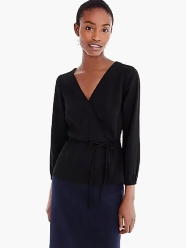 J.Crew Drapey Crepe Faux Wrap Top Blouse Black Size 8 Tailored Elegant Office - Image 2