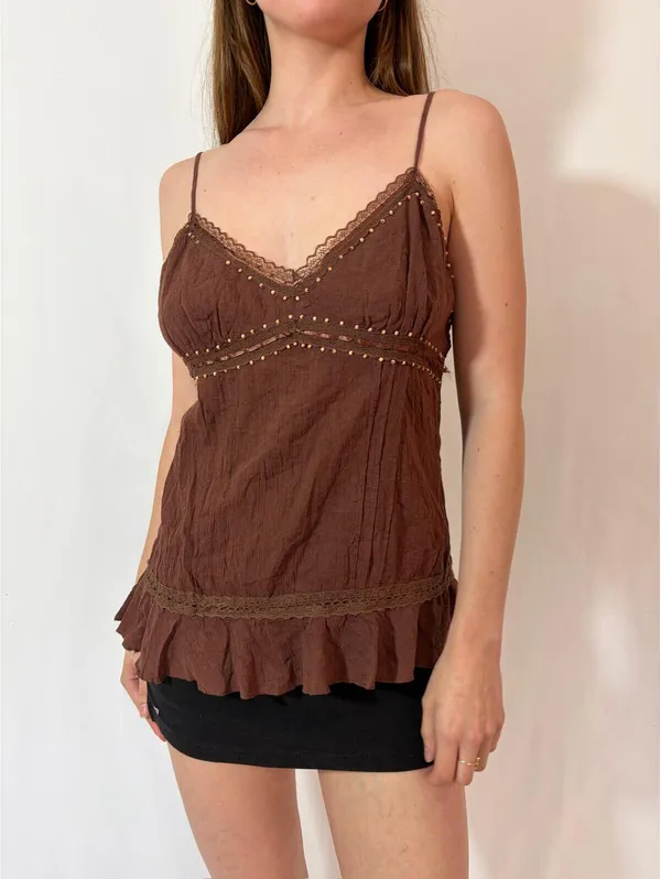 Xhilaration Brown Boho Beaded Babydoll Y2K Cami - Image 2