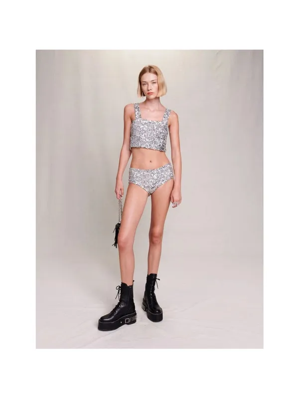 NWT Maje Silver Tutterfly Sequin Culotte Hipster Shorts - Image 2
