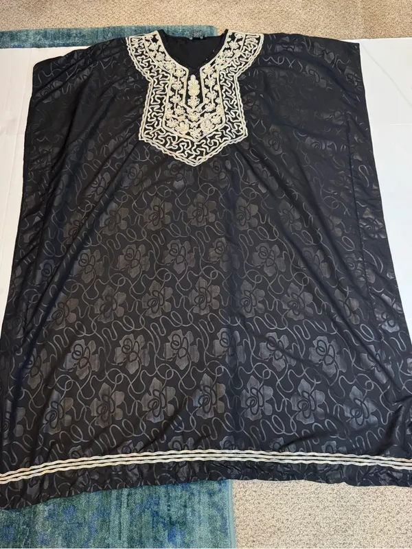 Ashro Black Gold Embroidered Caftan Kaftan Maxi Dress One Size Resort Cruise - Image 9