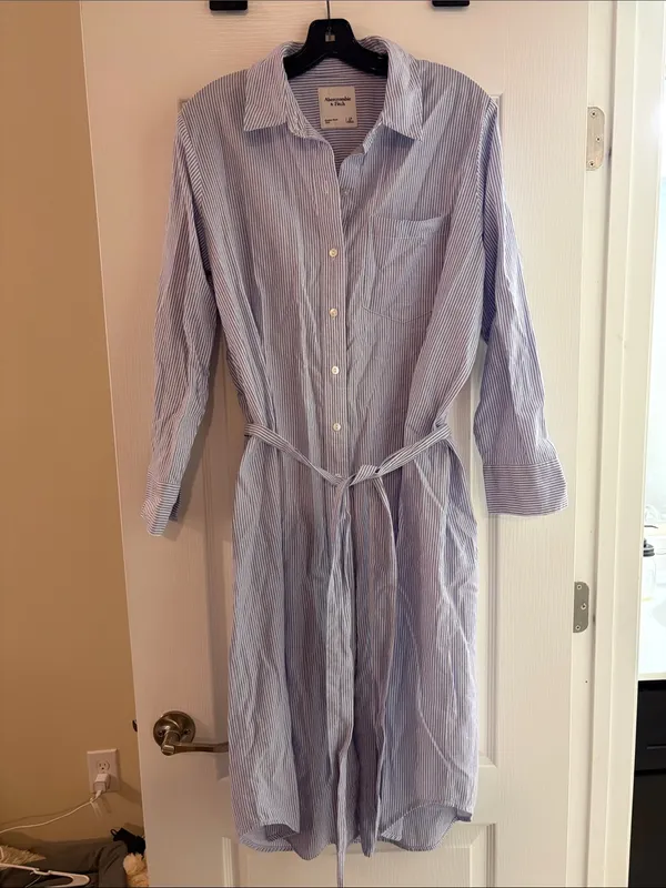 Abercrombie & Fitch Long Sleeve Belted Shirt Dress Blue Stripe Size Large Petite - Image 3