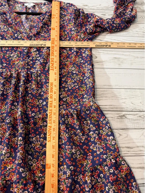 Time and Tru Floral Tiered Dress Women’s L 12-14 Long Sleeve Navy Boho - Image 7