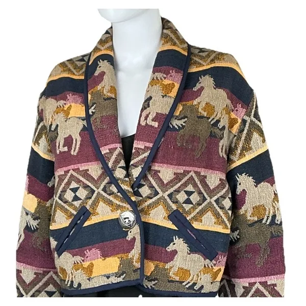 Vintage Carolina Colours Southwestern Tapestry Jacket Tribal Aztec Horses Size S - Image 2