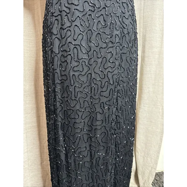 Vintage 90s Papell Boutique Black silk floral beaded sequin gown black tie Sz 14 - Image 4