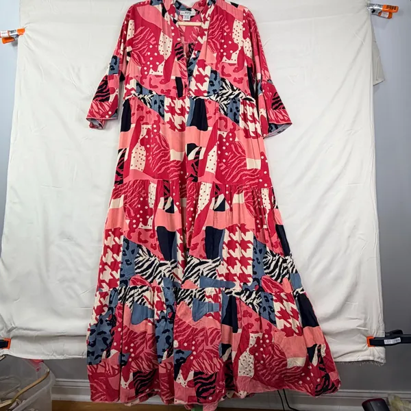 Zury Maxi Dress Womens OSFM Pink Mixed Print Tiered Boho Artsy Bell Sleeve Flowy - Image 5