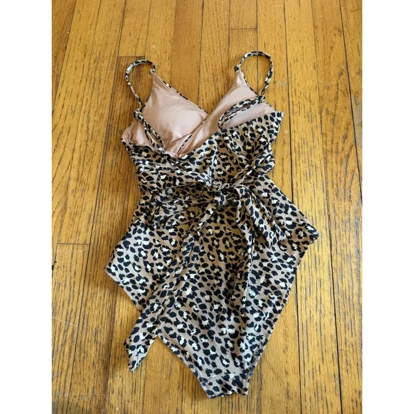 Aerie Swimsuit Womens Small Brown Leopard One Piece Belted Wrap Tie Waist Lined - Image 8