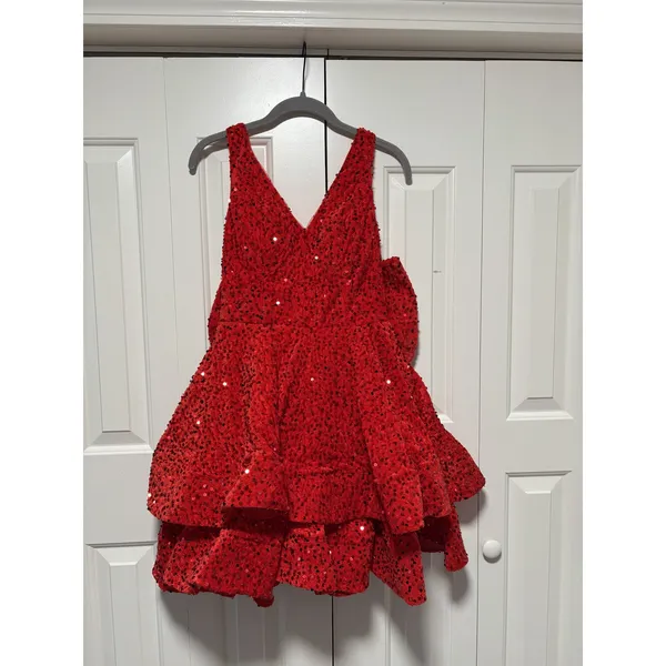 Red Sequin Party Dress Size 2 with Bow Back - Image 2