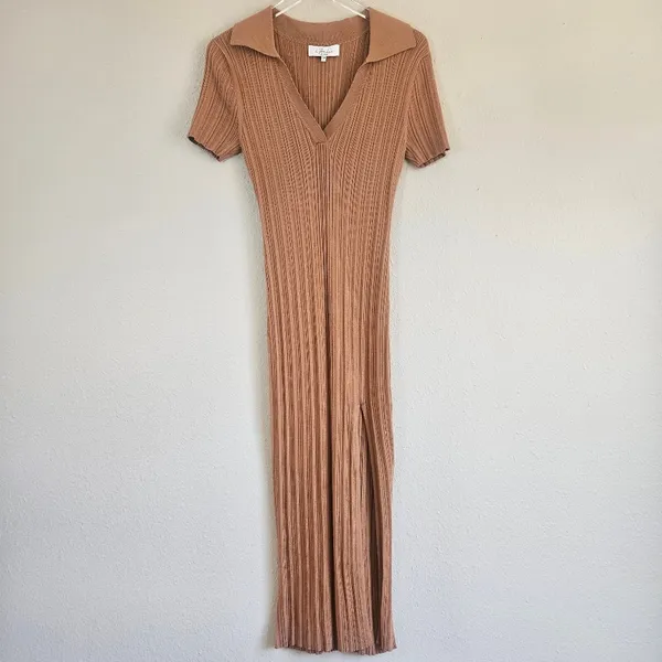 L'Academie Robe Pull‎ Geneva Dress in Camel Size Large Ribbed Midi with Slit NEW - Image 3