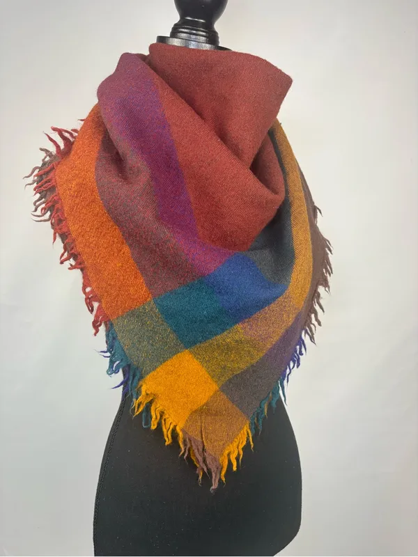 Source Unknown Plaid Scarf Warm Plaid Triangle Scarf - Rust, Mustard, Teal, Purple & Brown - Image 3