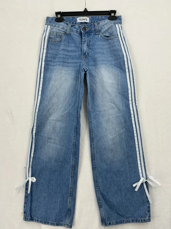 High-Rise Wide Leg Jeans with Side Ties - Light Blue Denim 765 - Image 2
