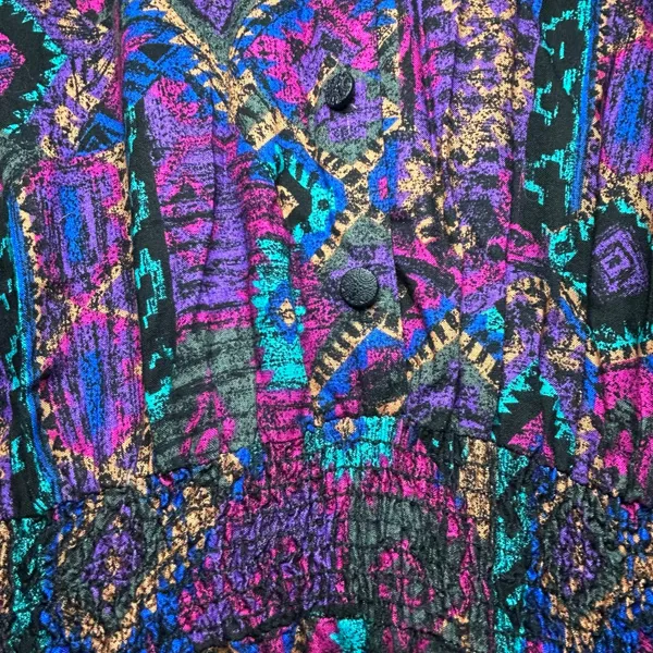 VTG En Focus Geometric Jumpsuit Purple L Rayon Southwestern Boho 90s USA Made - Image 7