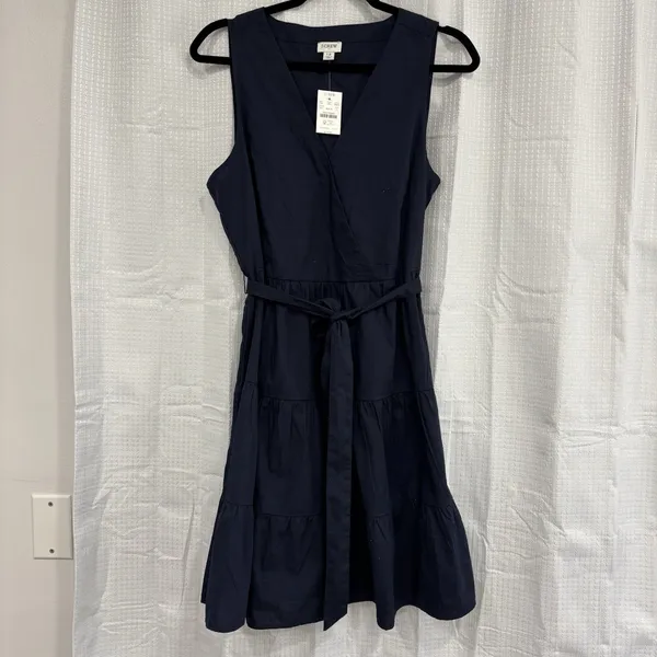 Jcrew Dress Size 12 Navy Blue Sleeveless Cotton Vneck Tie Waist NWT - Image 3