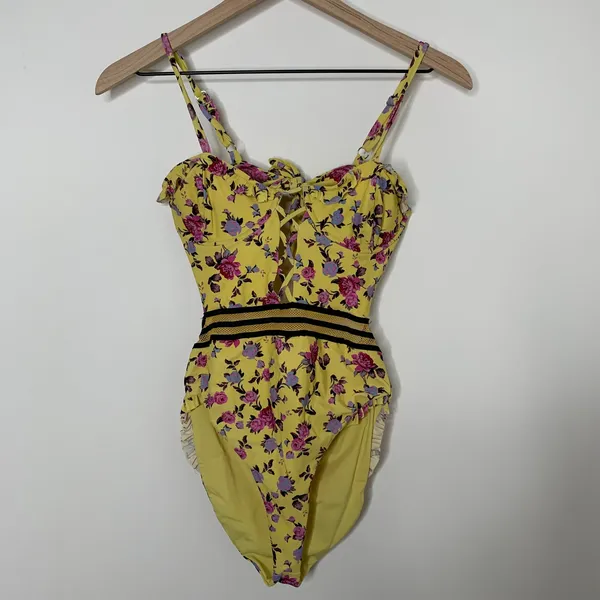 For Love & Lemons Paulina Laced One Piece Swimsuit Womens Yellow XS - Image 3