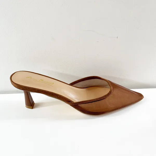 Anne Michelle Scarlet Pointed Toe Mesh Mule Kitten Heel Shoes Brown 9 - Image 2