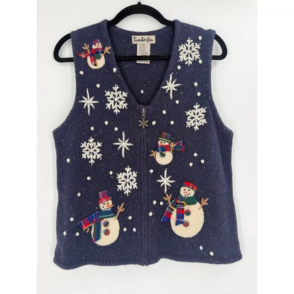 TimberLea Sweater Vest M Blue Snowman Snowflake Zip Up Grandmacore Christmas - Image 2