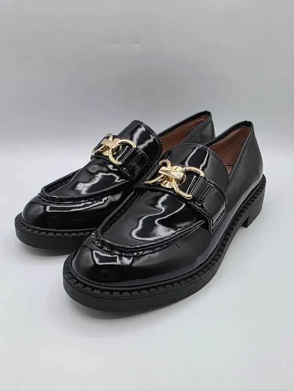 Womens Platform Patent Loafers Slip On Shoes Size 9.5 Black Gold Accents INC NEW - Image 2