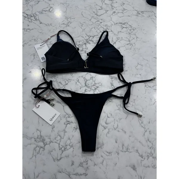 NWT Quince Black Italian V Neck Bikini Top & Adjustable Side-Tie Bikini Bottom S - Image 2
