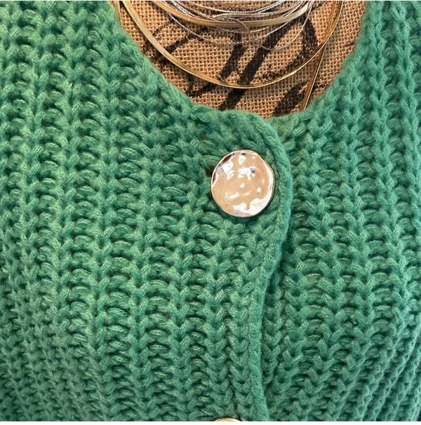 Green Chunky Knit Cardigan Sweater with Gold Buttons - Image 3