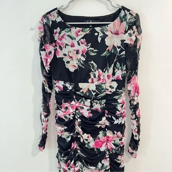 Lulus Ayana Black Pink Floral Ruched Mesh‎ Bodycon Dress SMALL - Image 6