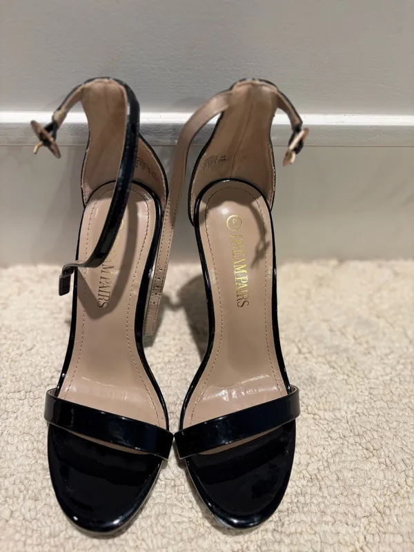 Black Patent Stiletto Heels Ankle Strap Open Toe Sandals Size 6 - Image 2