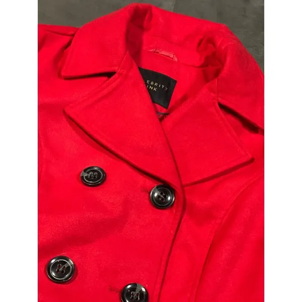 Celebrity pink Vibrant Red Double-Breasted Peacoat Wool Blend Winter‎ Coat - Image 2