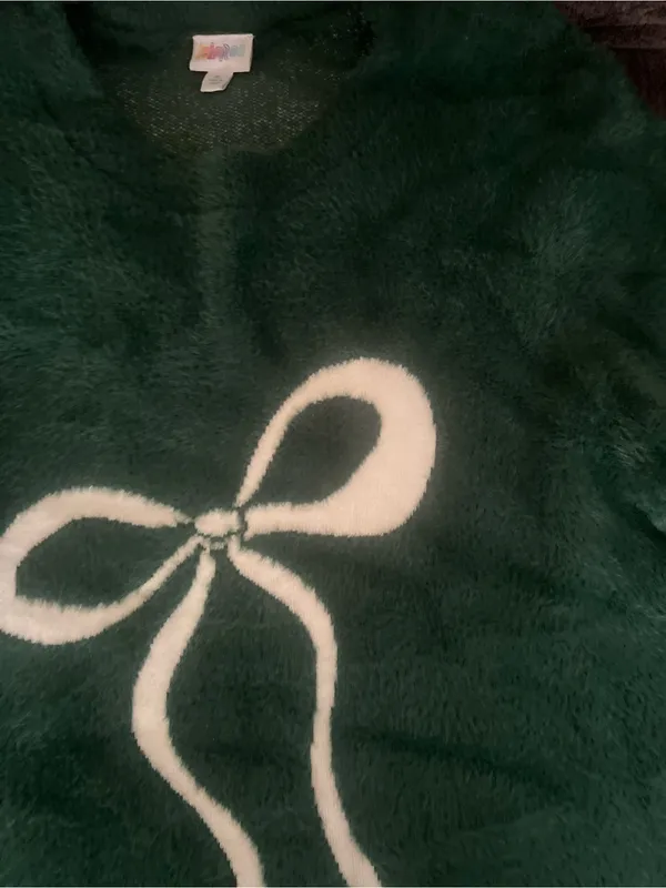 Lulus LuLaRoe Forest Green Fuzzy Bow Sweater XL Cozy Plush Pullover - Image 4