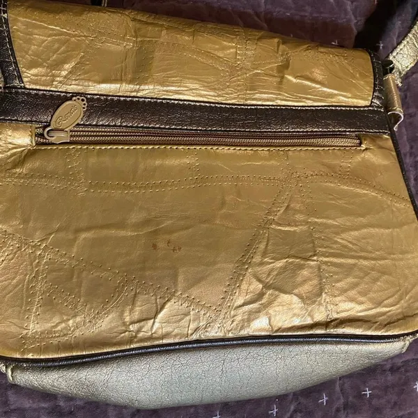 Vintage Renias Sharif Patchwork Leather Crossbody Purse Gold Bronze Tones 80s - Image 8