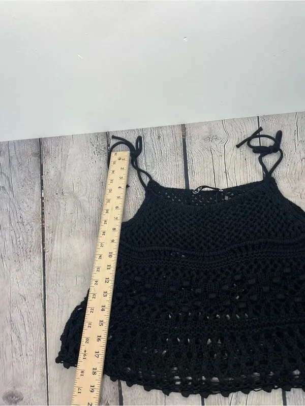 ZARA Black Crochet Knit Tie Strap Crop Tank Top Boho Festival Beach Cover-Up S - Image 13