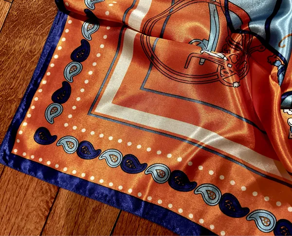Vintage Equestrian HORSE&CARRIAGE print orange/blue oversized silky Scarf 35/35 - Image 10