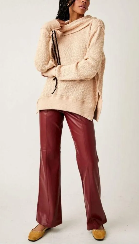 Free People We The Free Tommy Turtleneck Textured Sweater Toasted Almond Beige M - Image 3