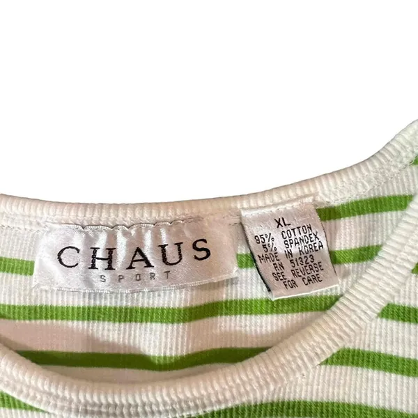 Chaus Sport T-Shirt Womens XL‎ Green & White Striped Chest Pocket Crew Neck - Image 3