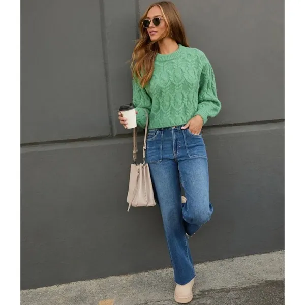 Vici Siarah Green Cable Knit Sweater Women's XL Crew Neck Ribbed Cozy Oversized‎ - Image 2