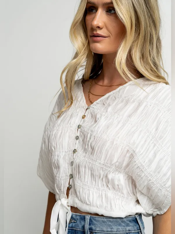 Boheme Alma Smocked SS Blouse White Boxy Summer Buttons Crisp Boho NWT - Image 4