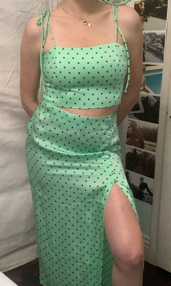 Zara Polka dot dress 2 piece set skirt with slit and top with straps - Image 4