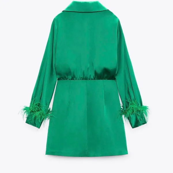 Zara Satin Feather Mini Autumn Wedding Guest Dress‎ Women XL Green Glam Holiday - Image 2