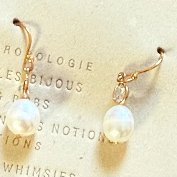Anthropologie Gold Pearl Drop Earrings with Clear Crystal - Image 4