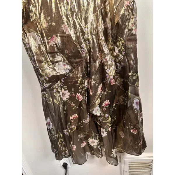 ML Monique‎ Lhuillier Dress Womens 0 Metallic Floral Silk Halter Midi 4412419 - Image 4