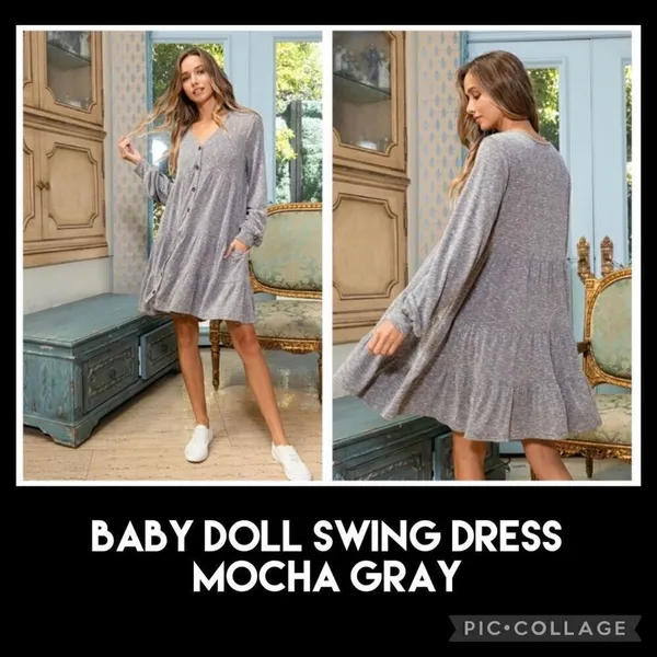 Ces Femme Baby Doll Button Down Swing Dress Mocha Gray Size Small -NWT - Image 2