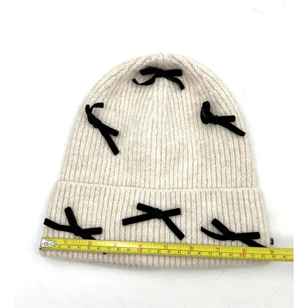 Anthropologie Rib Knit Ivory Beanie Hat New Bow Embellishments - Image 4